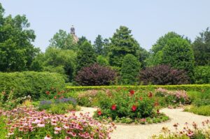 The William Paca Garden filled with colorful flowers and manicured paths, a two-acre oasis behind the historic Paca House in Annapolis.