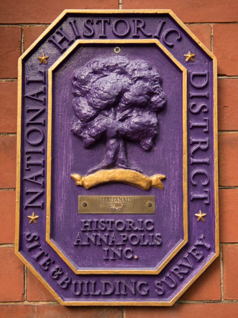 Purple Historic Marker on a Victorian-era building, honoring Annapolis’s ornate 19th-century architecture and preservation legacy.