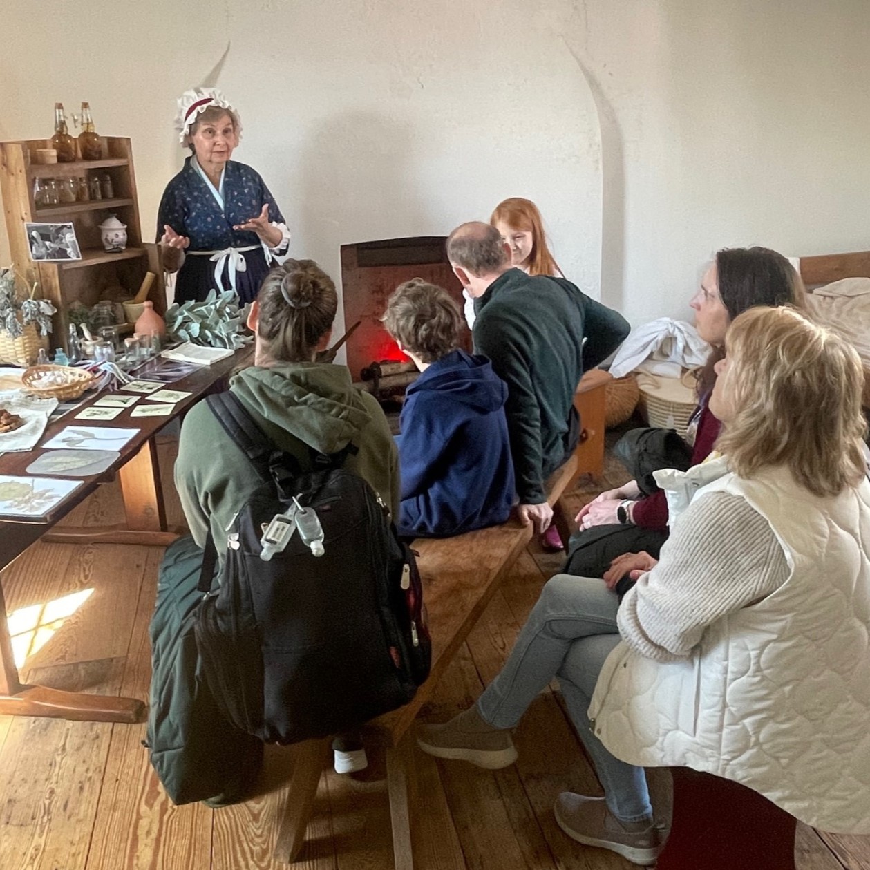 A reenactor in colonial period dress talks about herbal remedies with a group of people.