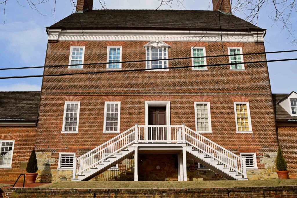 Exterior of the James Brice House on East Street in Annapolis, a grand Georgian mansion undergoing restoration by Historic Annapolis.