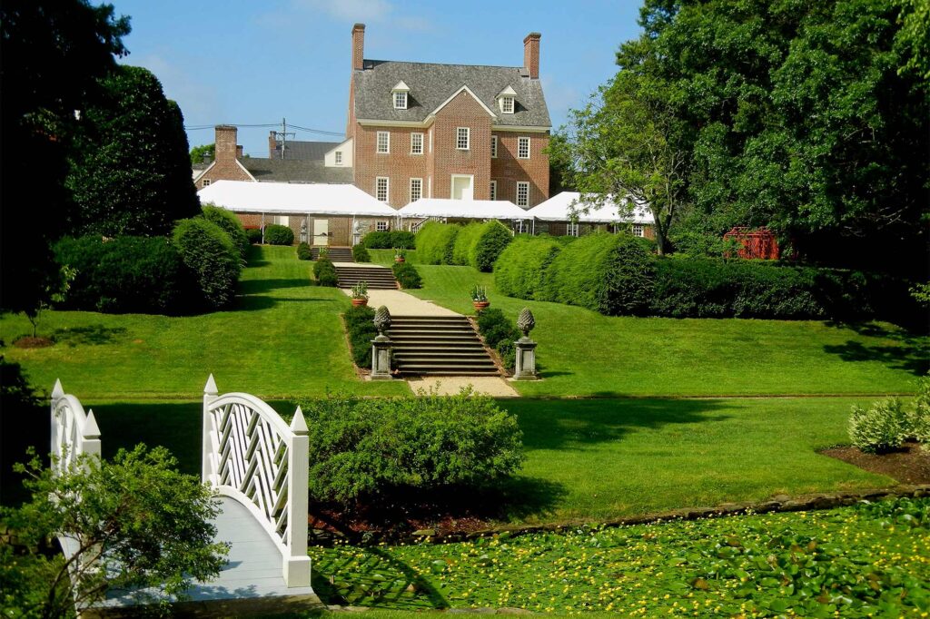 xterior view of the William Paca House, an 18th-century Georgian mansion and National Historic Landmark featuring a restored two-acre garden.
