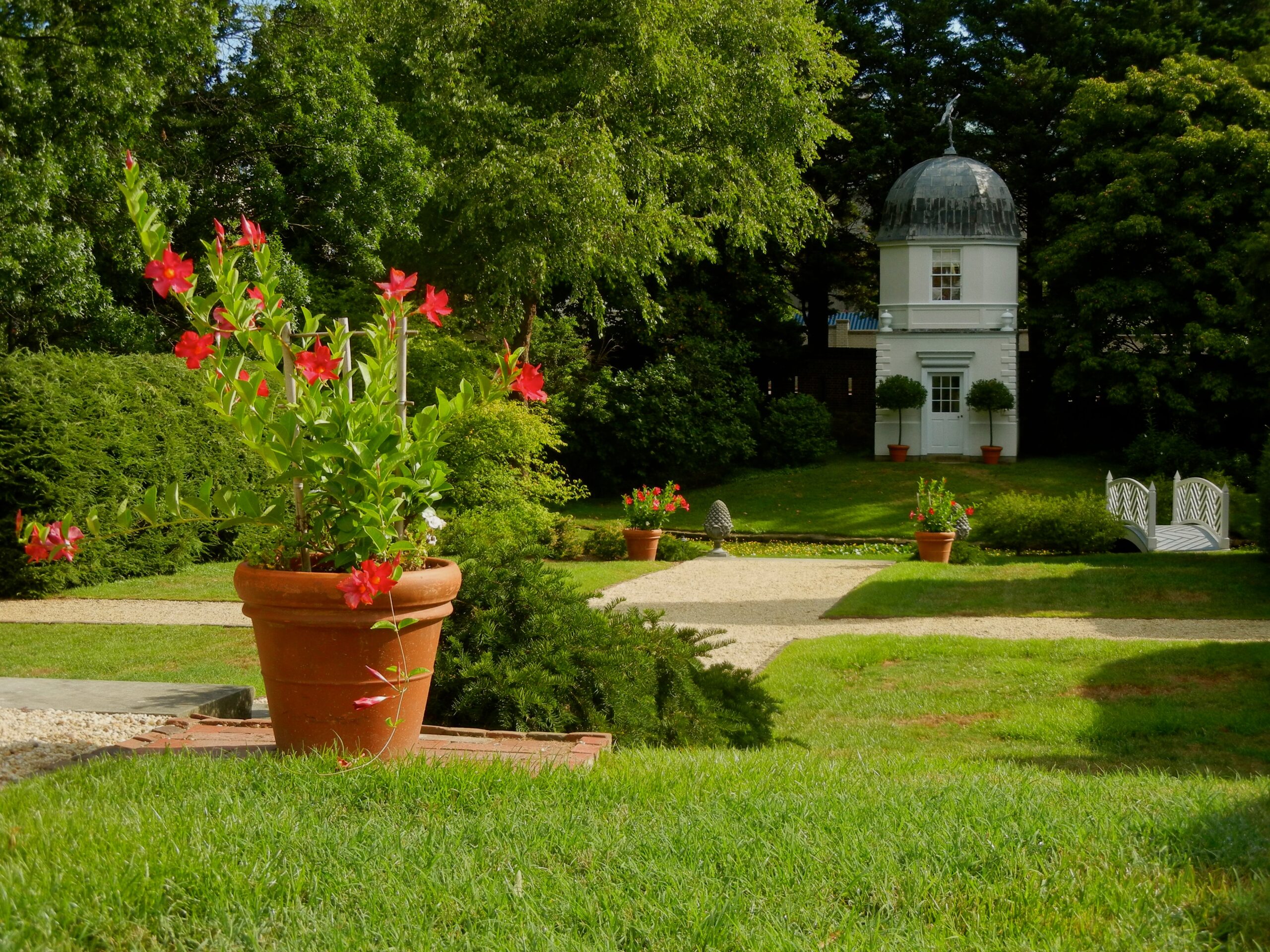 Potted flowers and manicured pathways lead through the William Paca Garden, a serene retreat behind the historic Paca House in Annapolis.