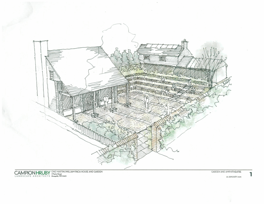 Architectural rendering of the 1 Martin Street rehabilitation project by Historic Annapolis, showing plans for a community gathering space and outdoor amphitheater.