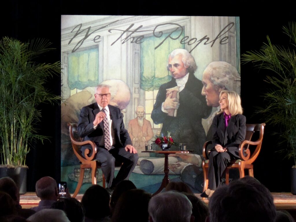 David Rubenstein and Andrea Mitchell during a discussion on stage at Maryland Hall