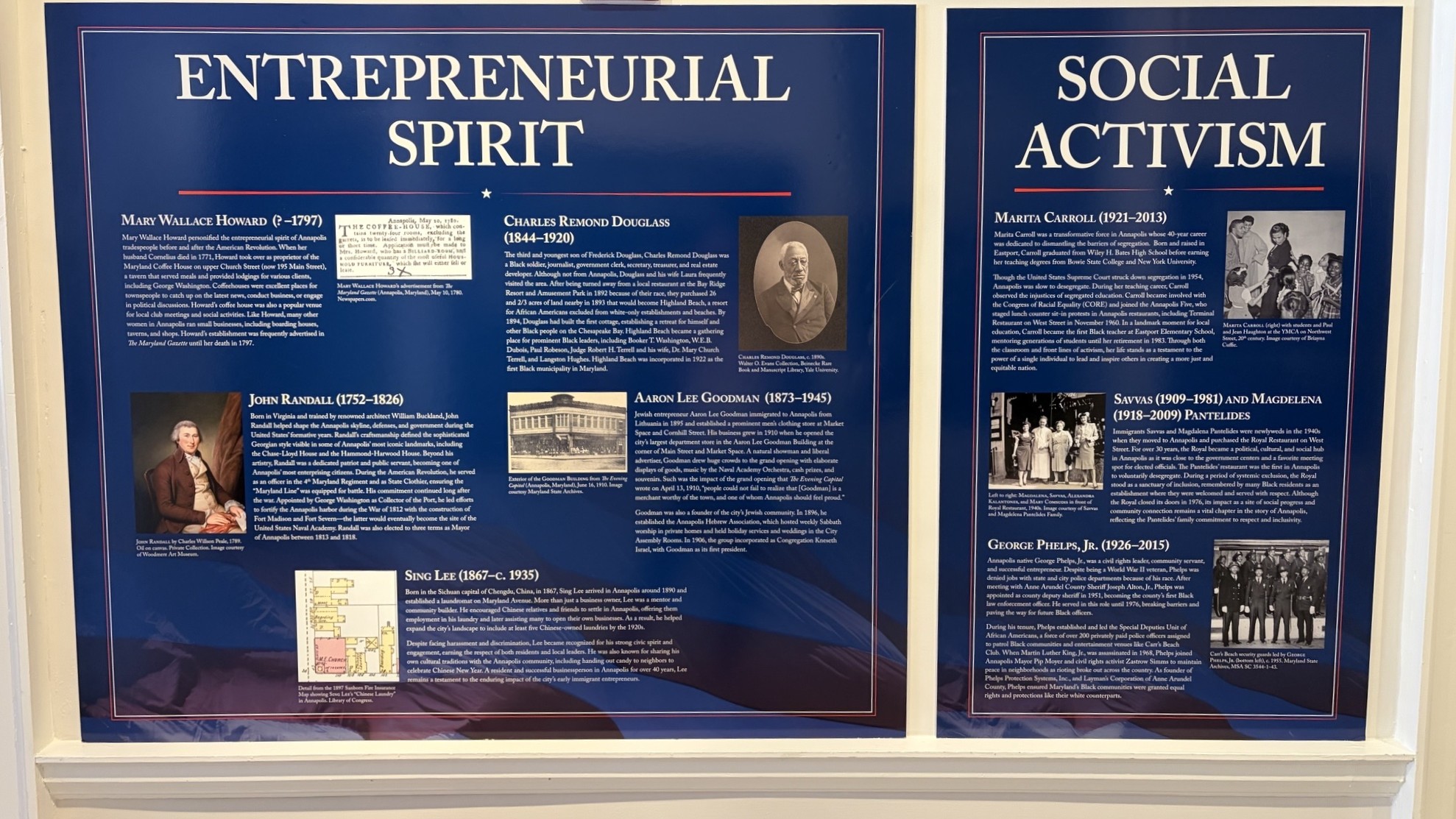 Two panels from The Power of One: 250 Years of Annapolis Changemakers exhibit at the Museum of Historic Annapolis