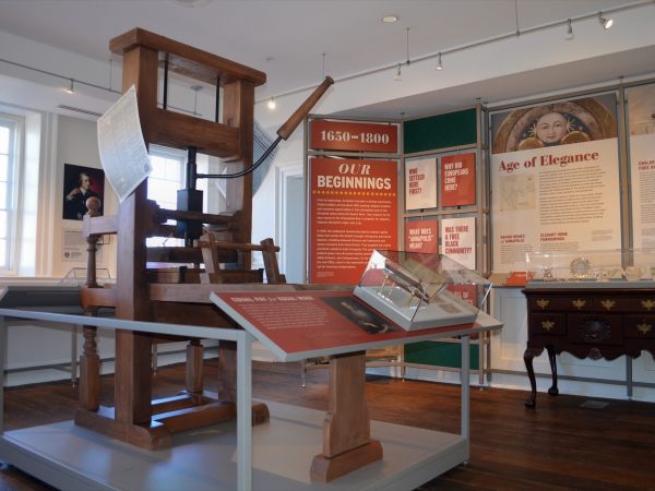 Exhibit featuring an early printing press at the Museum of Historic Annapolis, illustrating communication and innovation in early America.